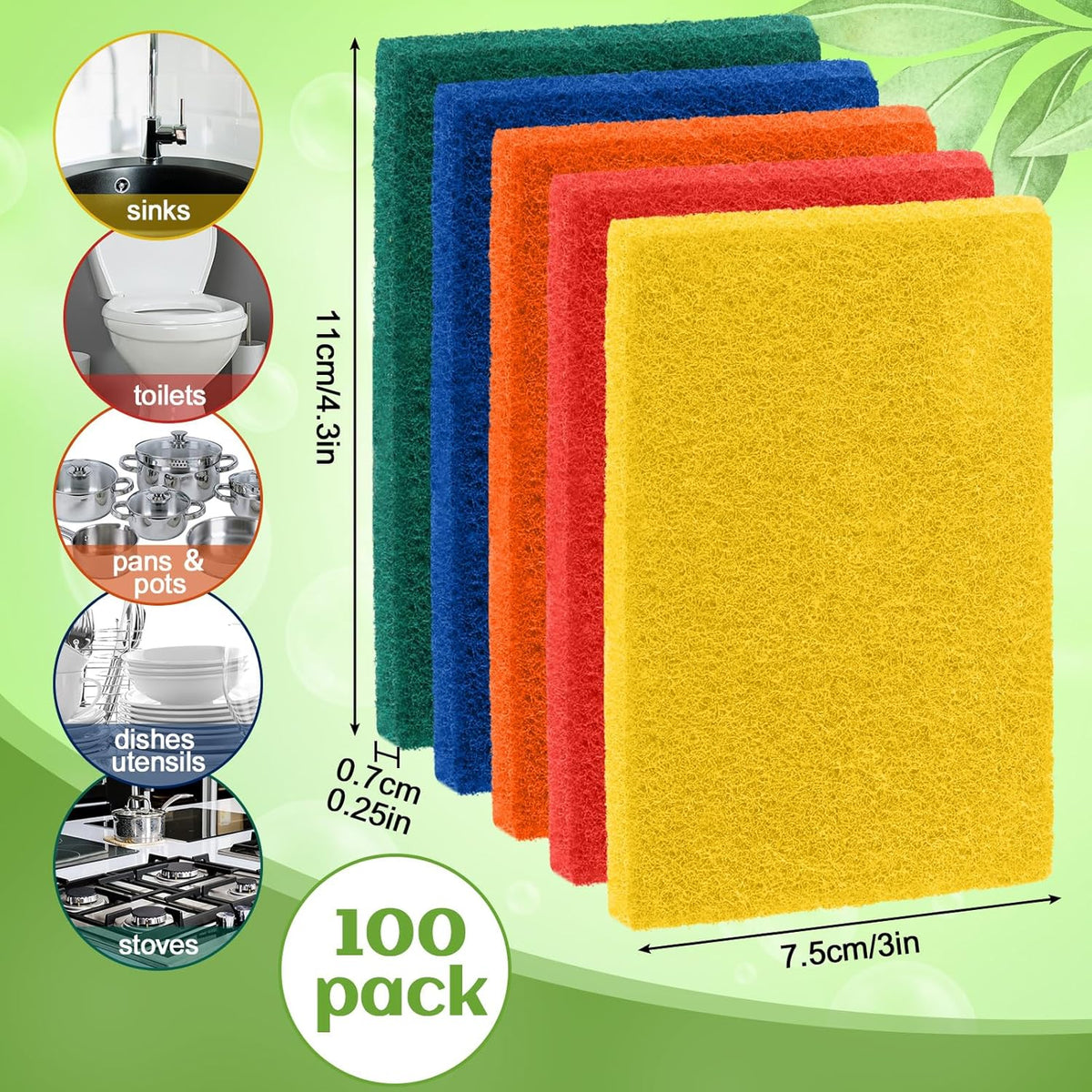 Hoolerry 100 Pcs Heavy Duty Scouring Pads Non Scratch Household Scrub Pads for Cleaning Reusable