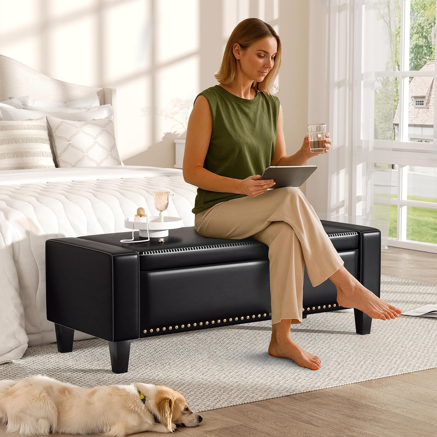 48.8" Storage Ottoman Bench Black | Faux Leather Bedroom Bench with Lift Top for Living Room & Bed
