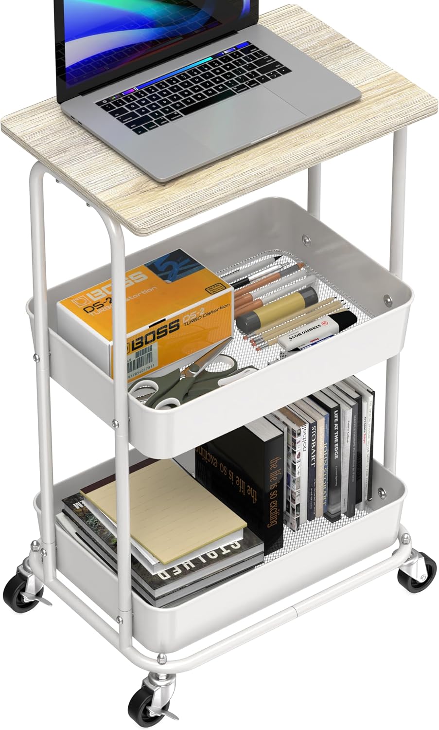 Simple Houseware 2-Tier Rolling Utility Cart with Lockable Wheels and Wood Top, Metal Storage