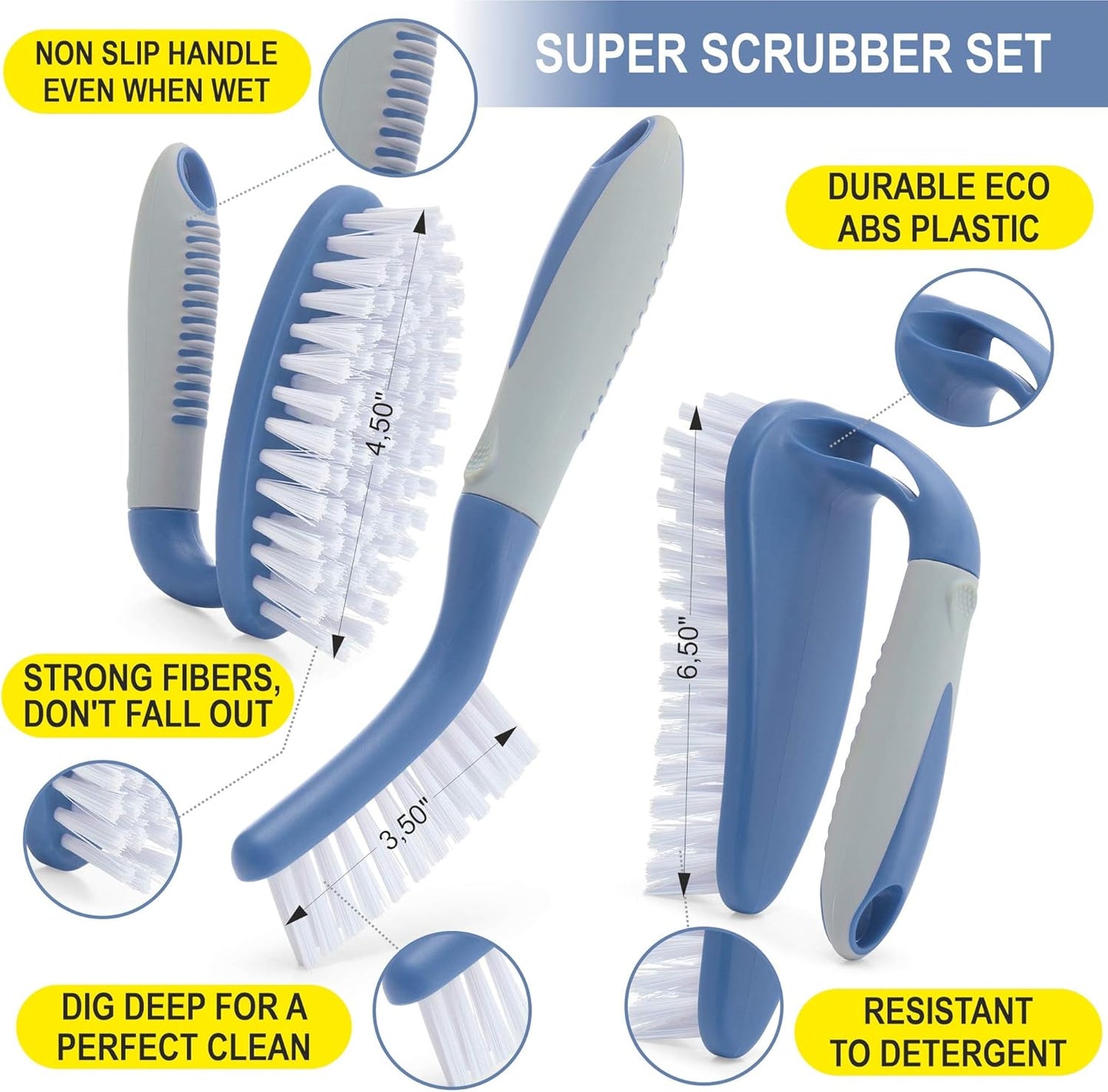 Scrub Brush Set of 3pcs - Cleaning Shower Scrubber with Ergonomic Handle and Durable Bristles