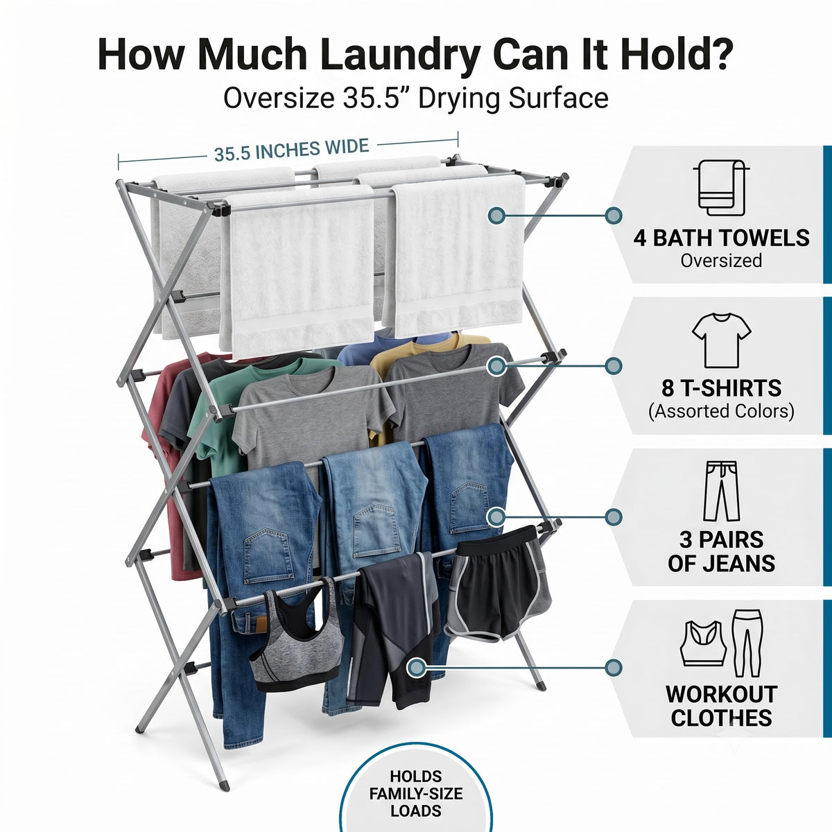 Honey-Can-Do Oversized Collapsible Clothes Drying Rack, 35", 50 lb, Grey