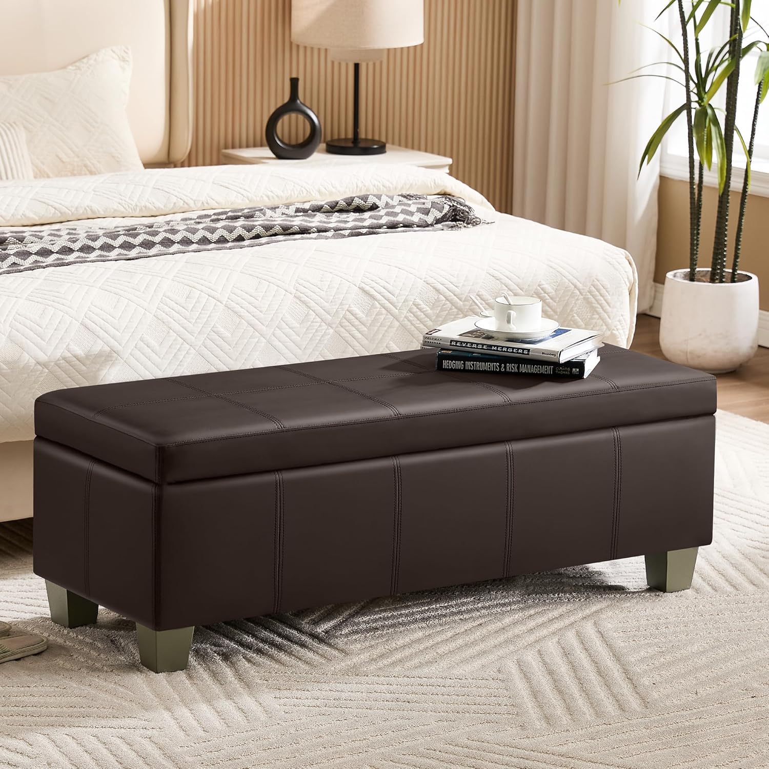 51" Faux Leather Storage Ottoman, Stitch Tufted Rectangle Upholstered End of Bed Storage Bench