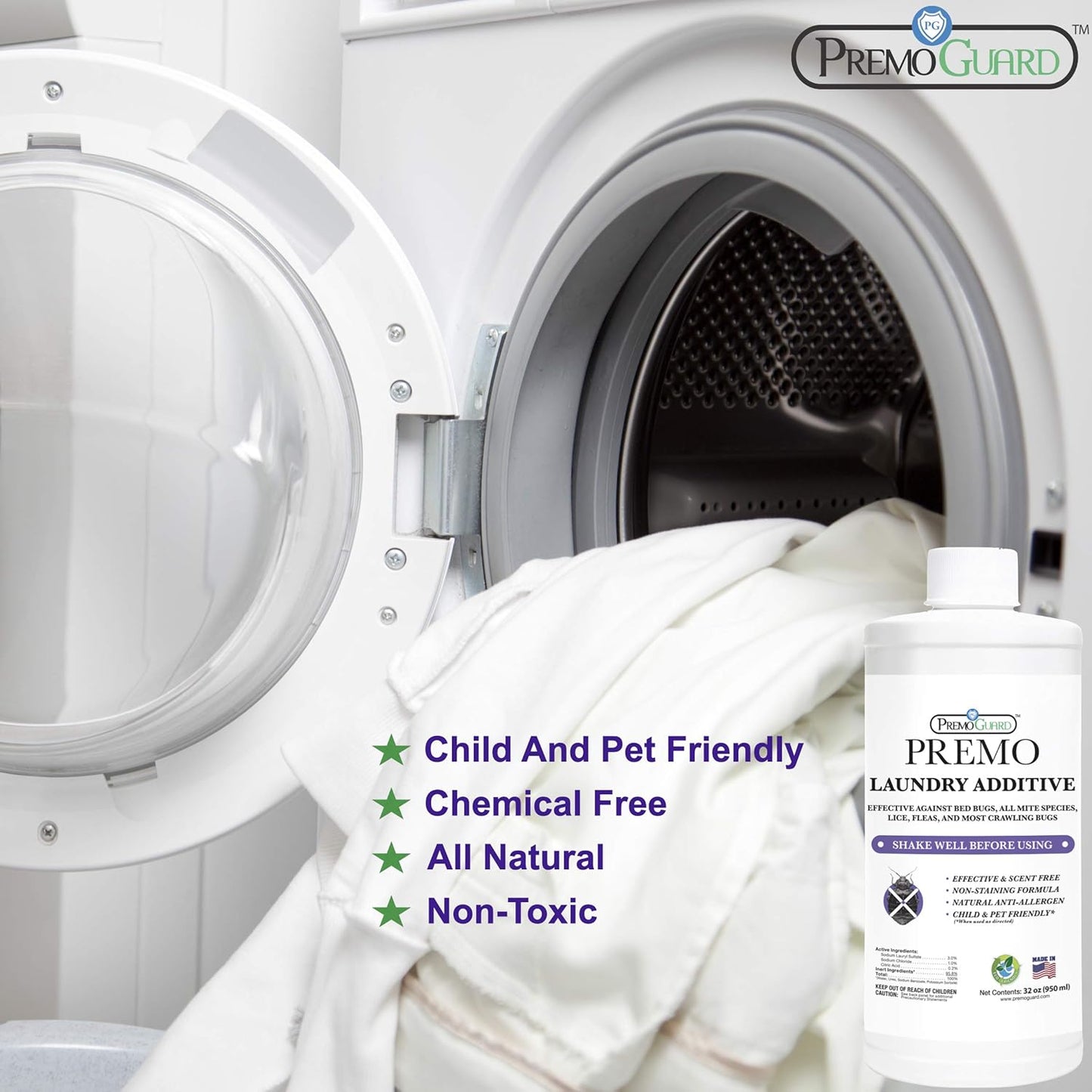 Bed Bug & Mite Laundry Detergent Additive by Premo Guard – 32 oz – Child & Pet Friendly – Stain &