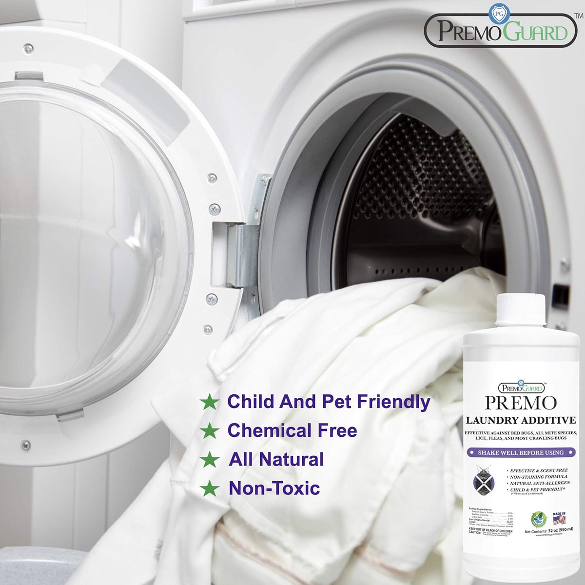 Bed Bug & Mite Laundry Detergent Additive by Premo Guard – 32 oz – Child & Pet Friendly – Stain &