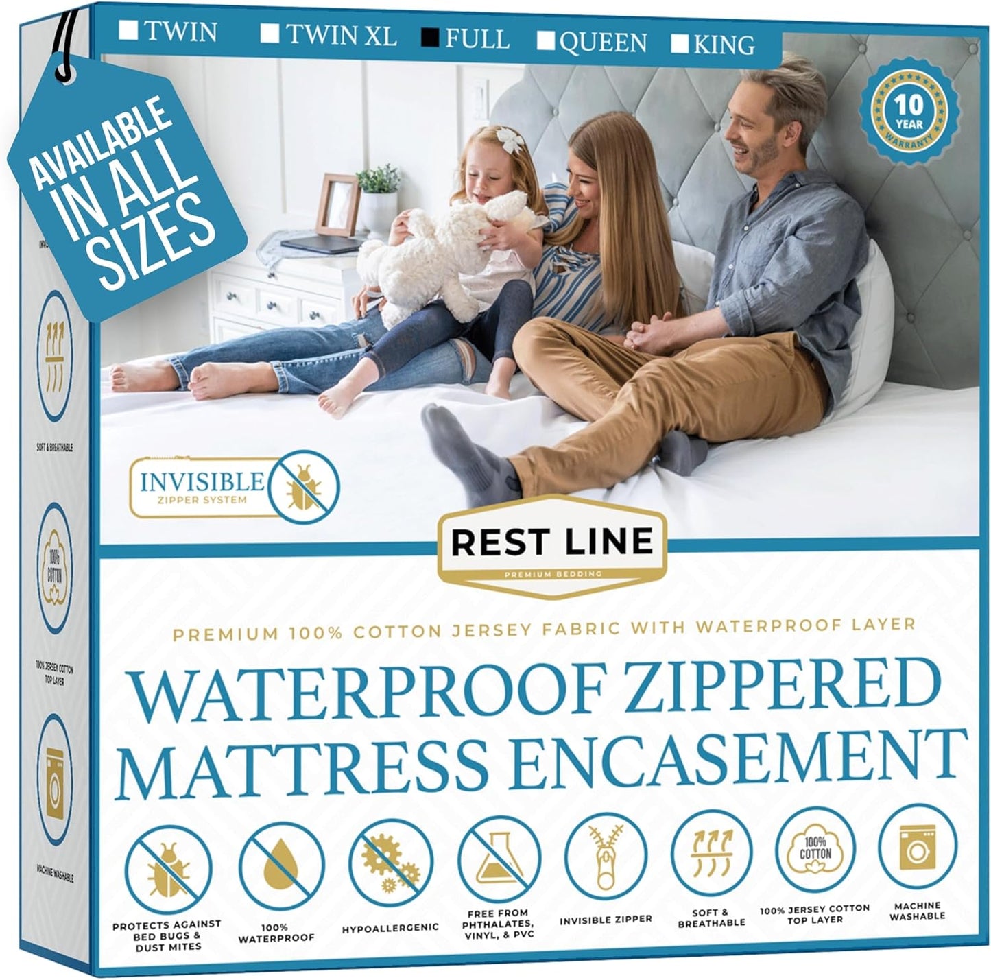Full/Double 54x75” Premium Waterproof Zippered Mattress Encasement, 100% Cotton, Hypoallergenic