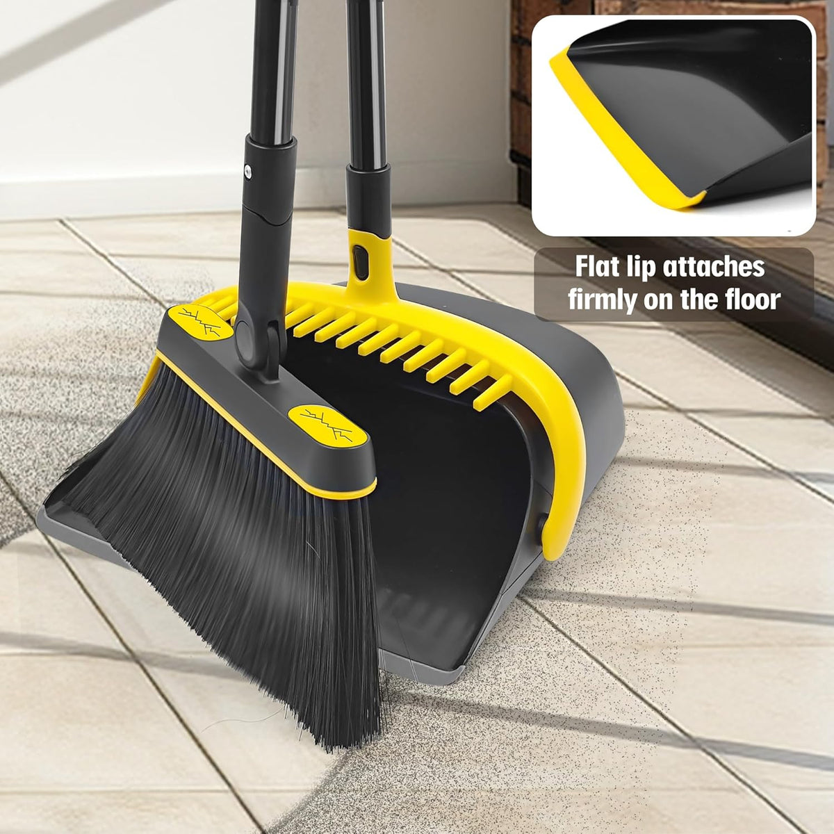 JEHONN Broom and Dust Pan, 54.3 inches Long Handle Swivel Brush, Upright Foldable Dustpan with Comb