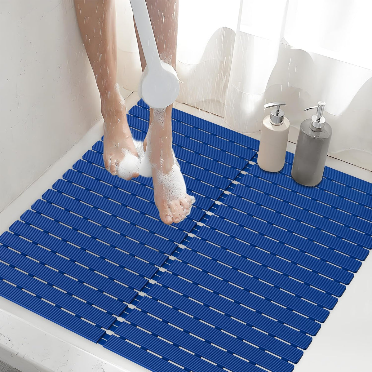 Shower Mat Non-Slip Bath Mat for Tub Floor & Stall with 200+ Suction Cups & Drain Holes, Quick Dry