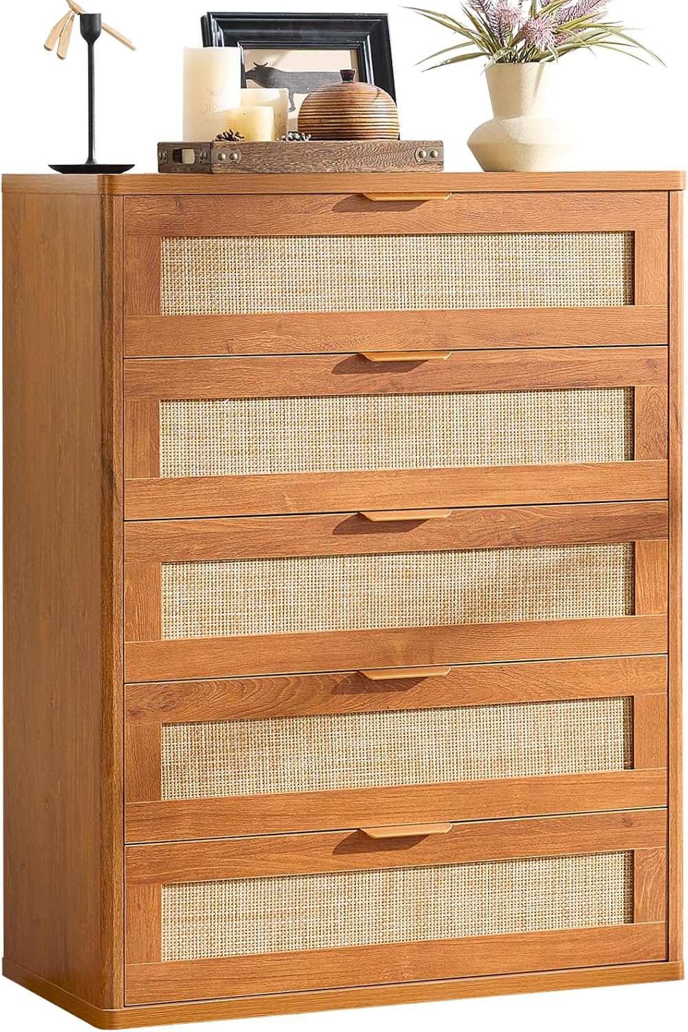 LEYAOYAO Dresser for Bedroom, 41" Tall Chest of Drawers, Modern 5 Drawers Boho Rattan Dressers with