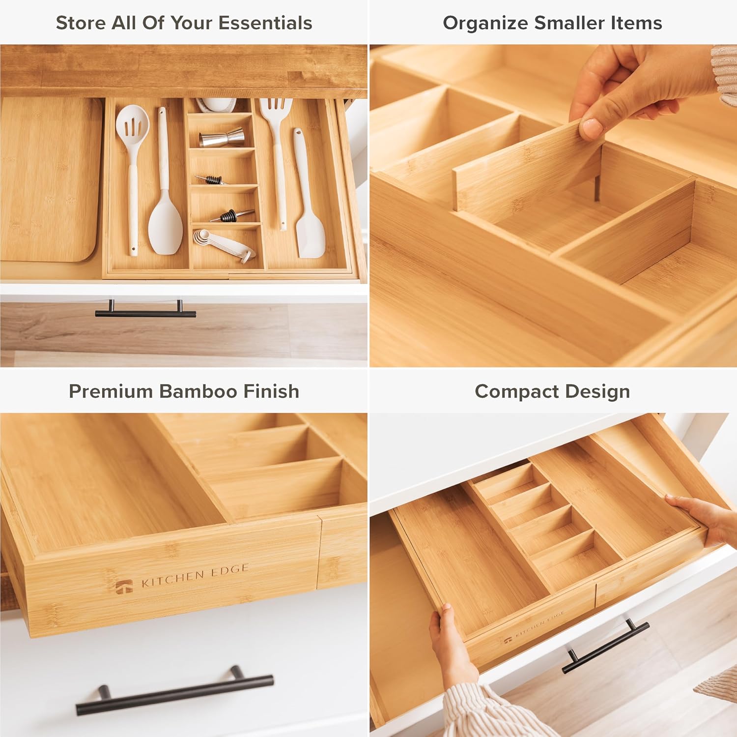 KitchenEdge Adjustable Kitchen Drawer Organizer for Utensils and Junk, Food-Safe Contract Grade