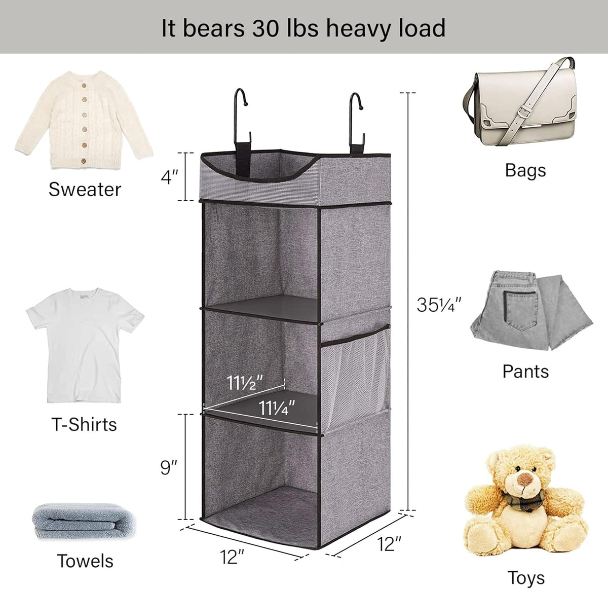 StorageWorks Hanging Closet Organizer, 3-Shelf Shelves with Top Shelf, 12" W x 12" D x 35 ¼"H
