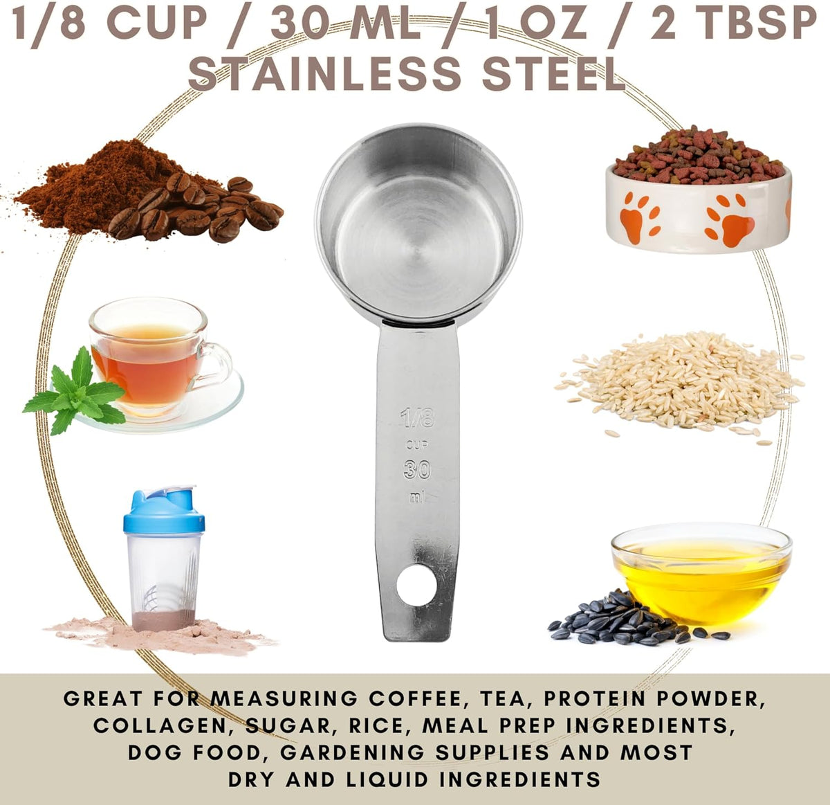 1/8 Cup Stainless Steel Measuring Cup | Sturdy Metal 30 ml | 30 cc | 1 oz | Single Cup for Wet and