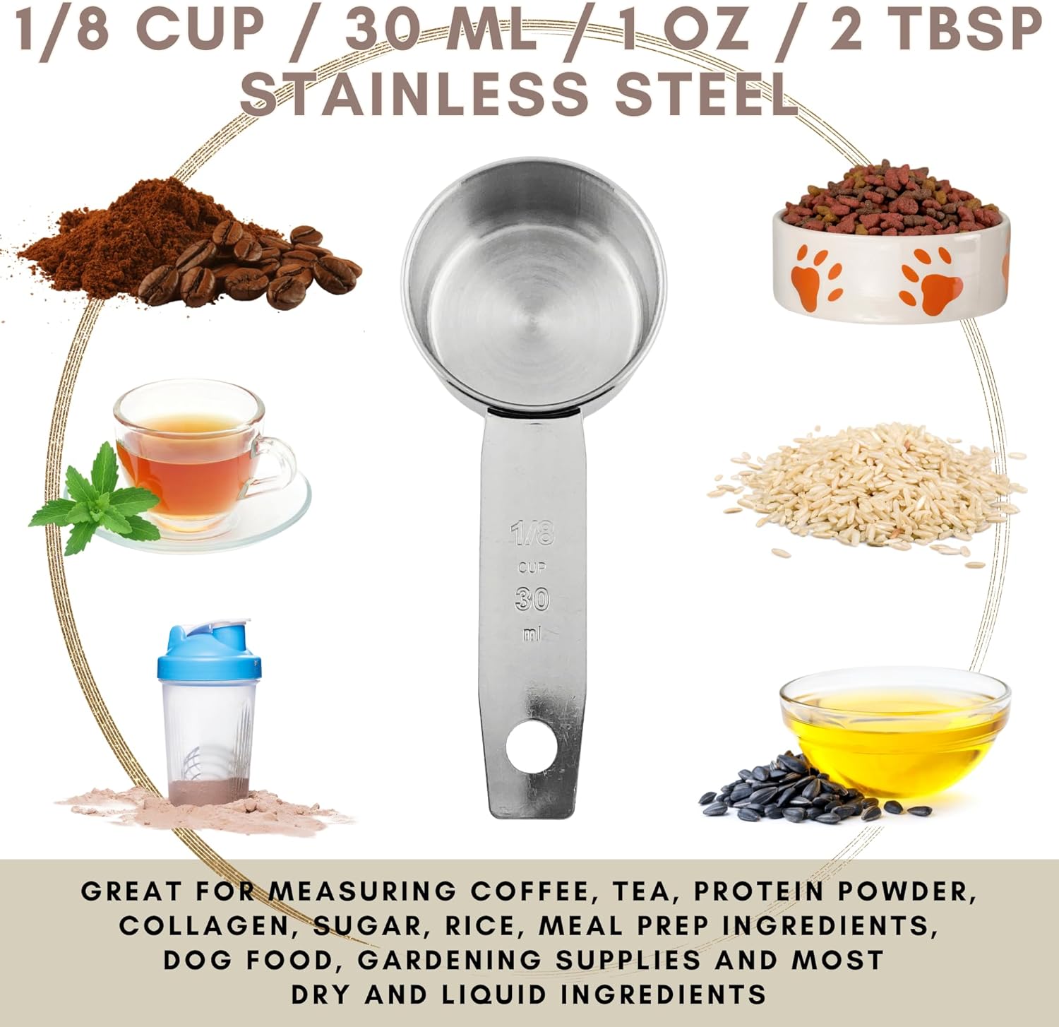 1/8 Cup Stainless Steel Measuring Cup | Sturdy Metal 30 ml | 30 cc | 1 oz | Single Cup for Wet and