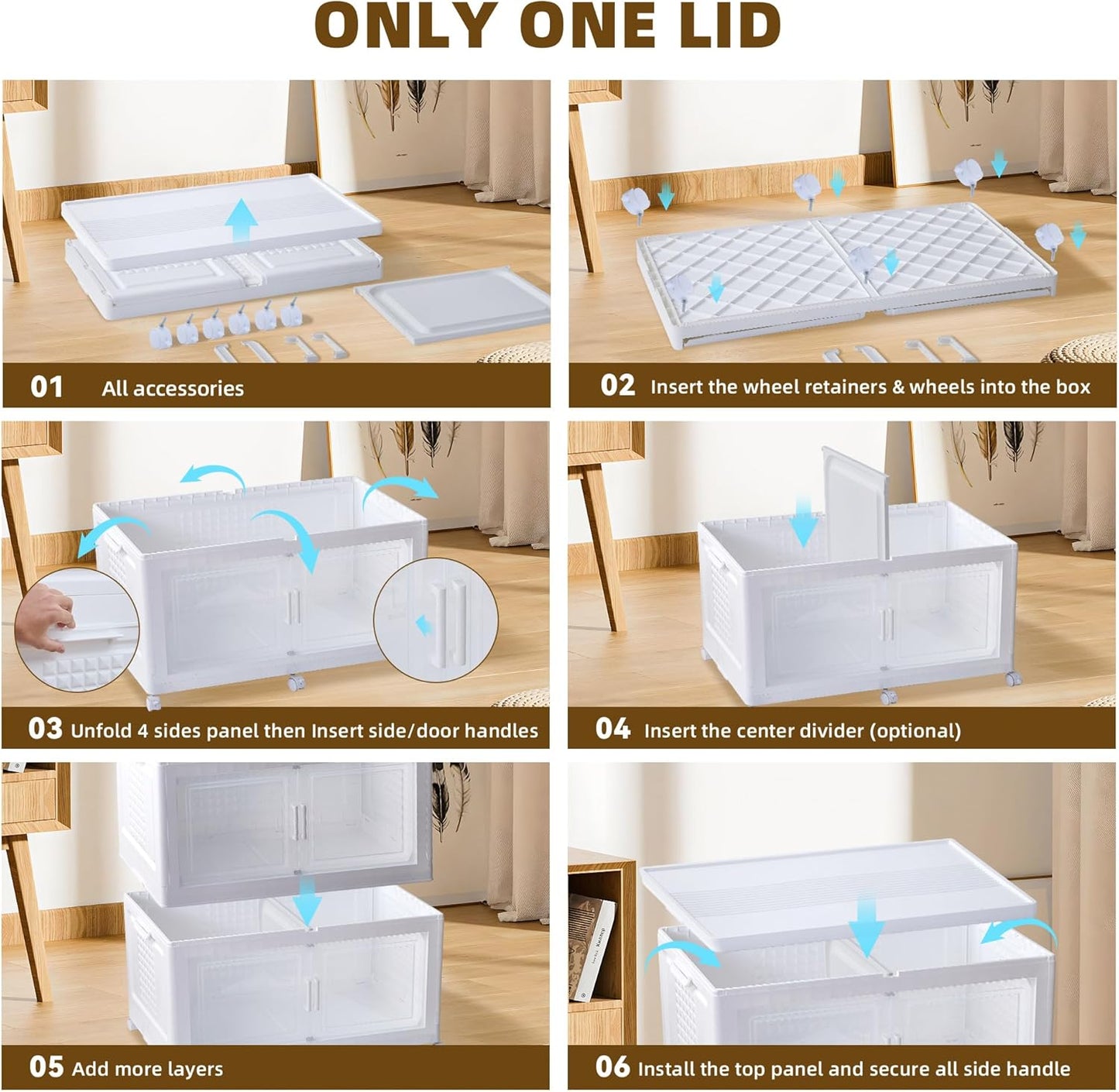 752QT/188Gal 4 Stackable Storage Bins with Lid and 8 doors, Motion Sensor Lights in Cabinets, Large