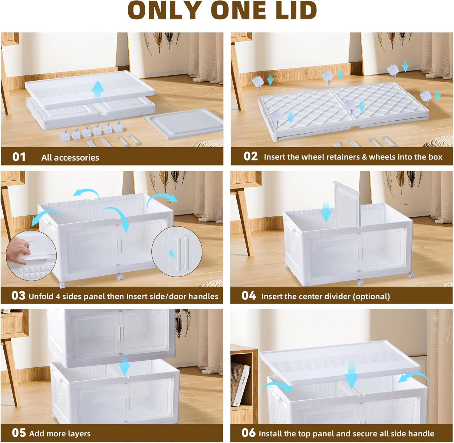 752QT/188Gal 4 Stackable Storage Bins with Lid and 8 doors, Motion Sensor Lights in Cabinets, Large