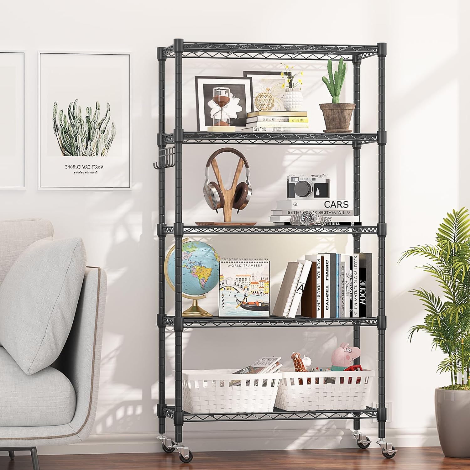 Himimi 5-Tier Storage Shelf Wire Shelving Unit on Wheels Heavy Duty Metal Shelves Adjustable Steel