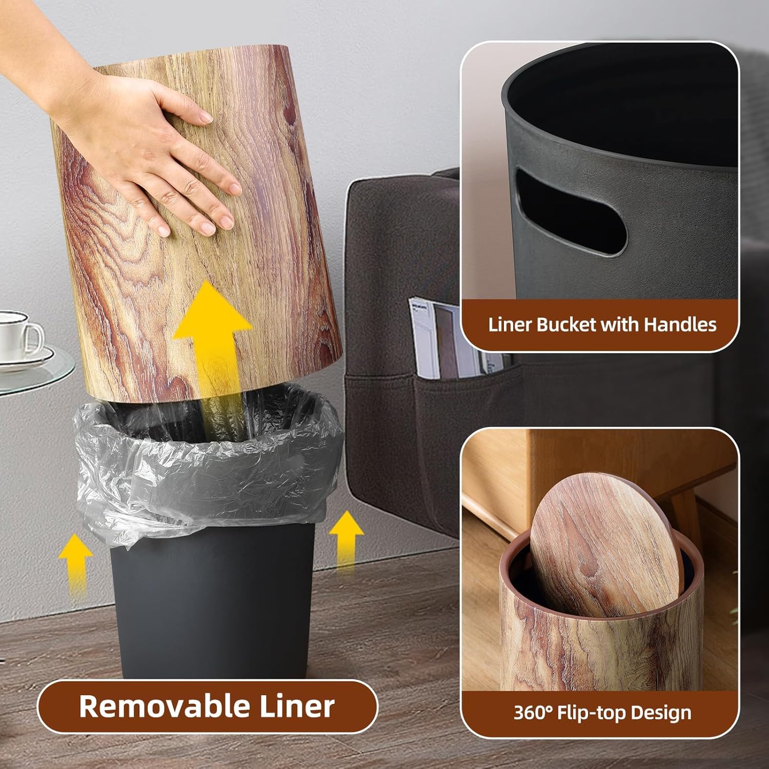 Wood Grain Plastic Trash Can Swing Top Lid, 4Gal/15L Farmhouse Wastebasket Bin Retro Style with