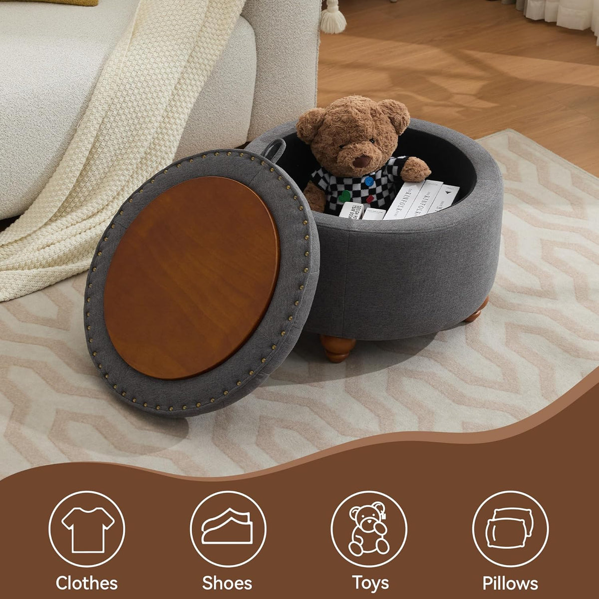 24Inch Round Storage Ottoman with Tray, Modern Tufted Fabric Circle Coffee Table with Storage