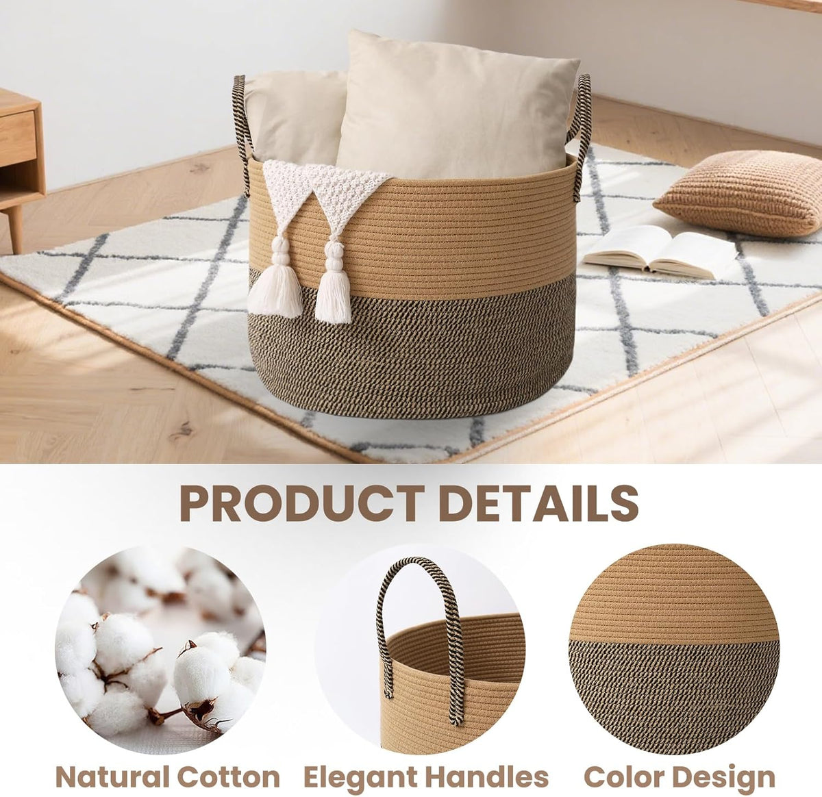 Woven Blanket Basket,115L Large Rope Storage Bin with Handles, Organizer for Blankets Toys Book and