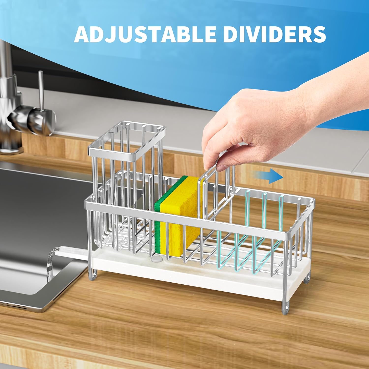 Cisily Silver Sponge Holder for Kitchen Sink, Sink Caddy Organizer with High Brush Holder, Kitchen