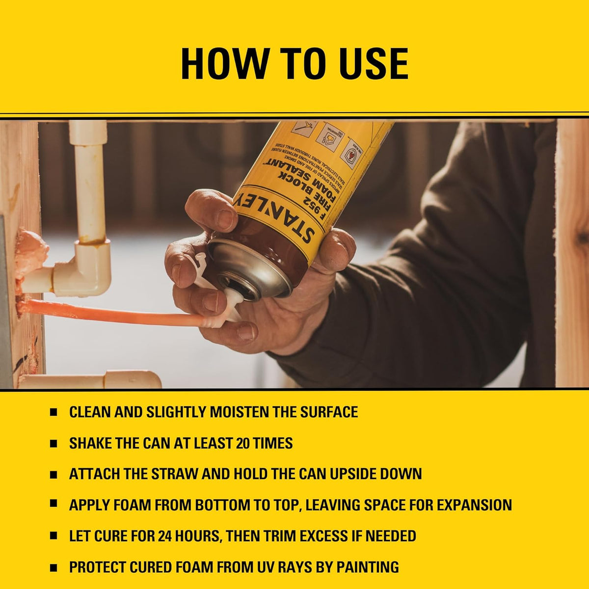 Stanley F952 Fire Block Spray Foam – (2x12oz) Fire Rated Expanding Polyurethane Foam Sealant for
