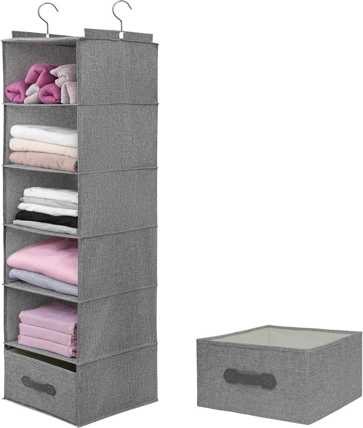 Large Hanging Sweater Organizer for Closet,Collapsible 6-Shelf Hanging Closet Shelves with Drawers