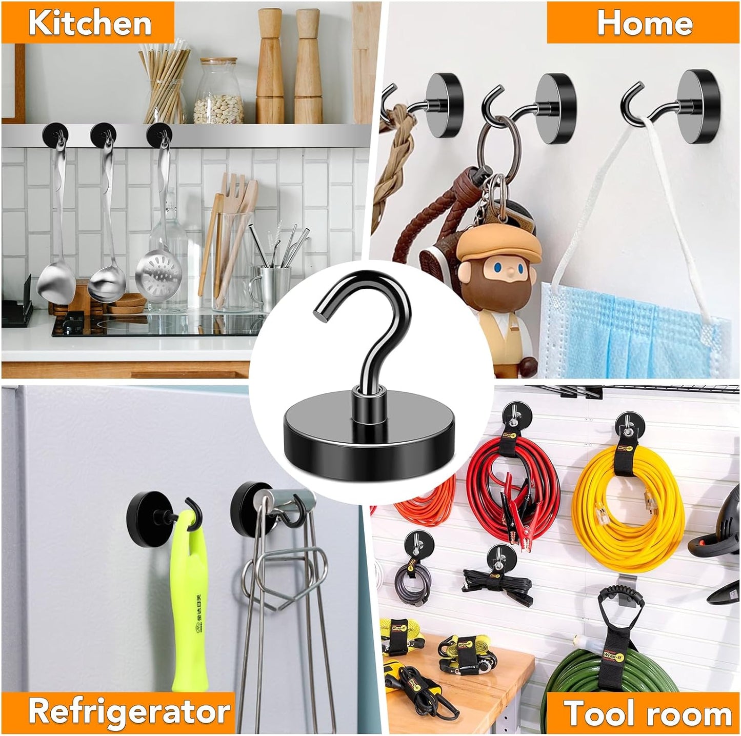 MIKEDE Magnetic Hooks Heavy Duty, 150LB+ Strong Black Magnets Hooks for Refrigerator, Rare Earth