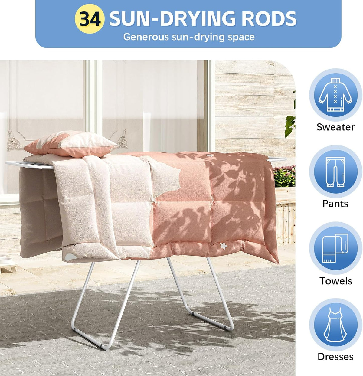 KINGBOARD Clothes Drying Rack Foldable, Metal Drying Rack Clothing with Height-Adjustable, Laundry