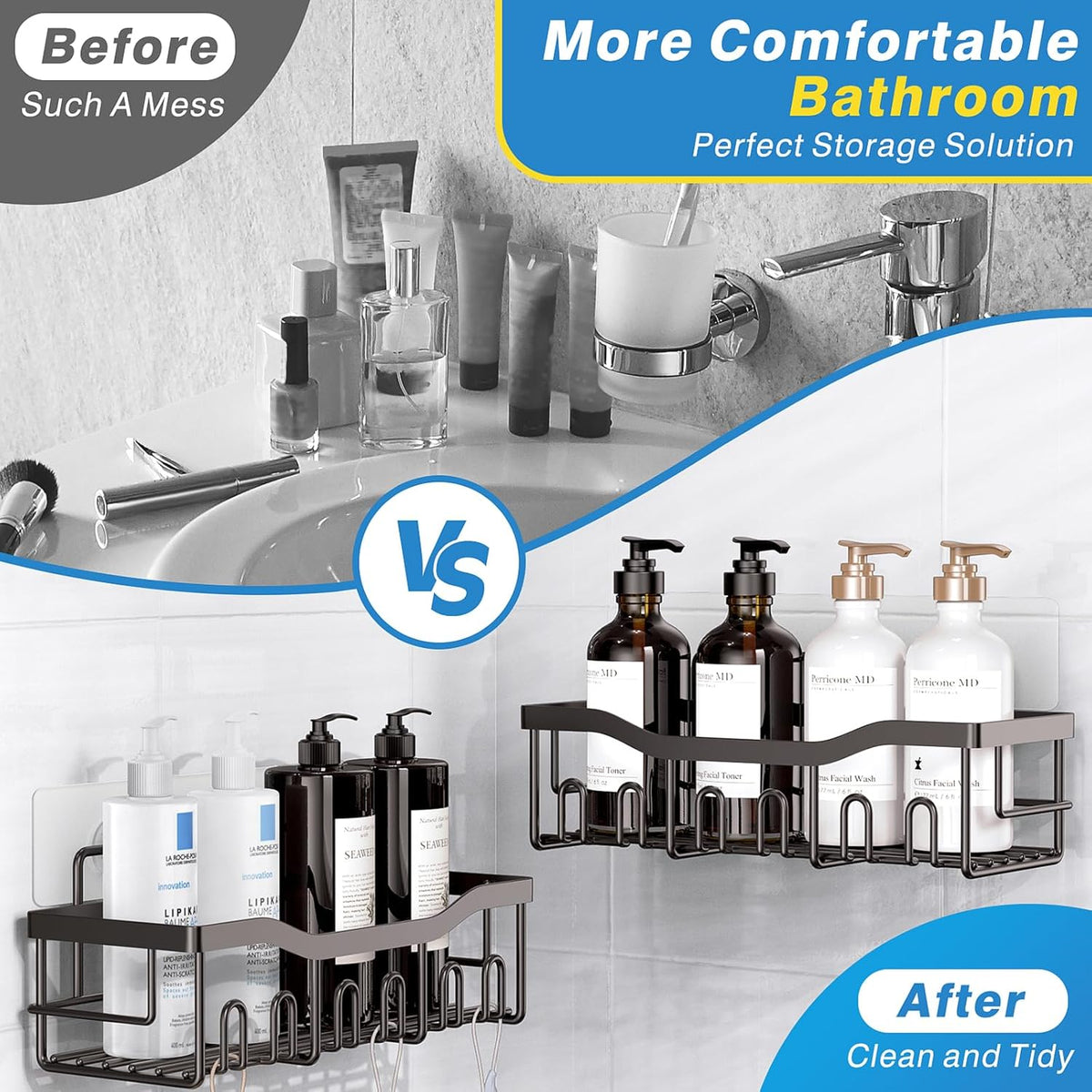 EUDELE 5-Pack Rustproof Stainless Steel Shower Caddy – No Drill Adhesive Bathroom Organizer with