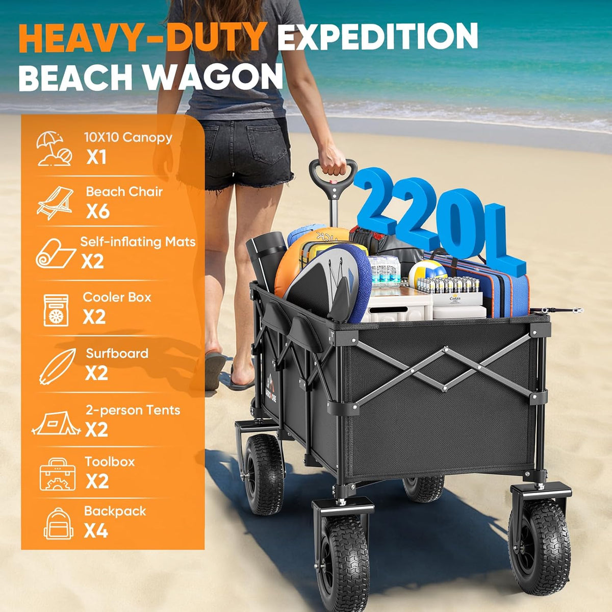 Beach Wagon with 10x3.5 Big Rubber Wheels for Sand, 400lbs Heavy Duty 220L Collapsible Utility