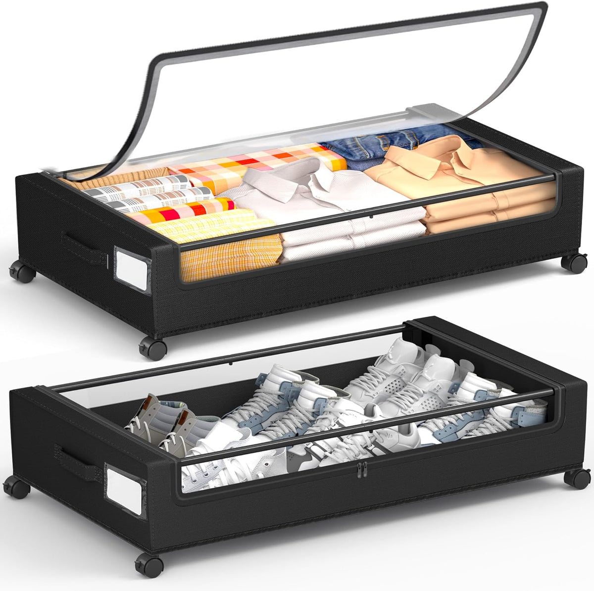Under Bed Storage With Wheels, 2 Pack Square Containers, 60L Bins, Rolling Metal Drawer for