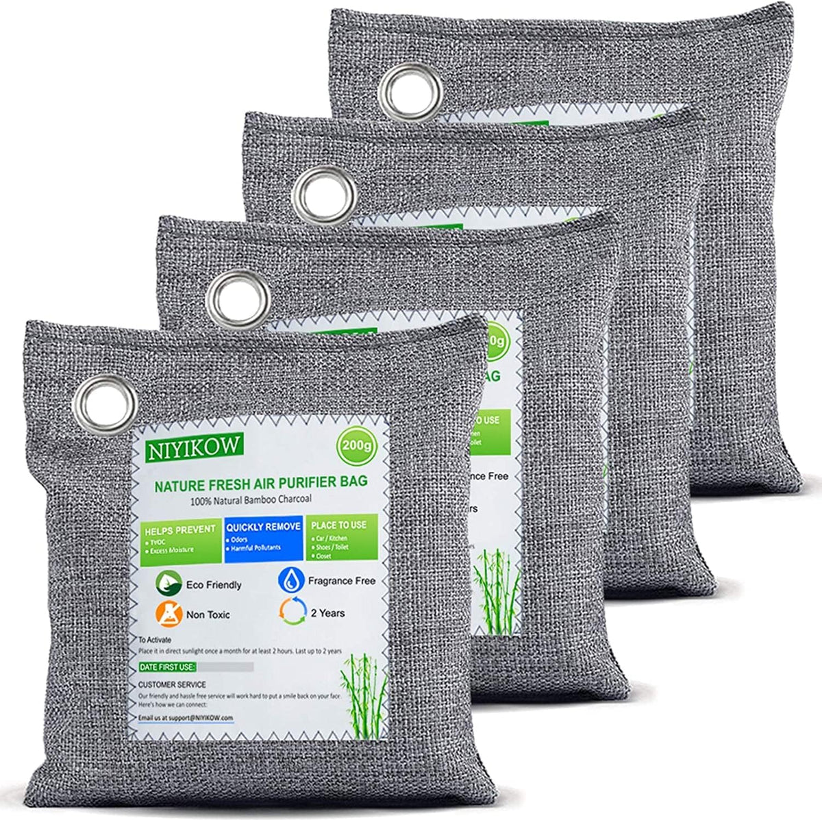 NIYIKOW Charcoal Bags Odor Absorber (Large, 4Pack x 200g), Nature Fresh Bamboo Charcoal Air