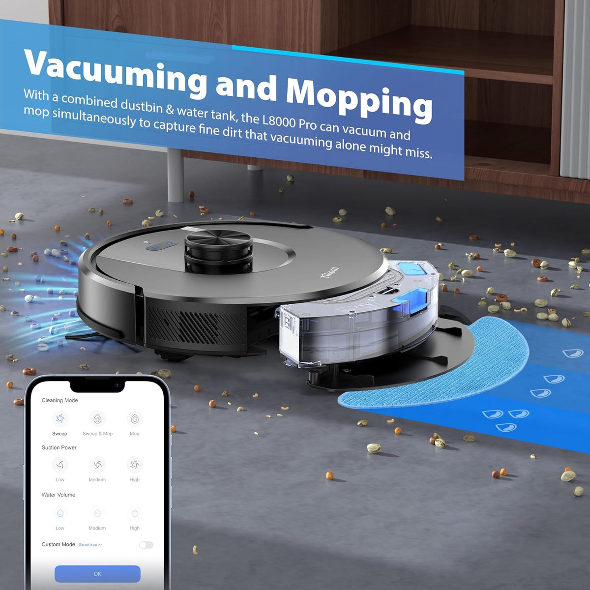 Tikom Robot Vacuum and Mop Combo, 6000 Pa Automatic Robotic Vacuum Cleaner, Smart Mapping, 150 Min