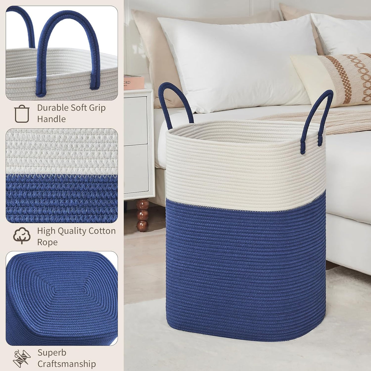 Laundry Basket with Handles - Blanket Basket & Hampers for Bedroom Aesthetic, Laundry Hamper &