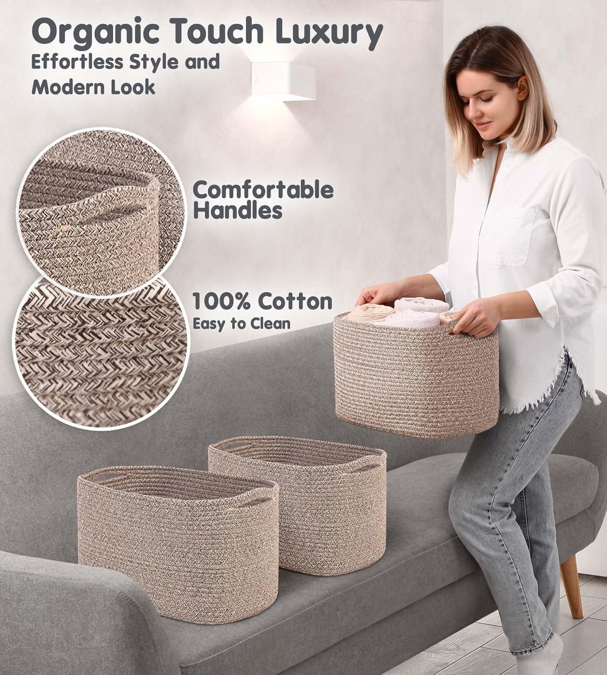 CHAT BLANC Cotton Rope Baskets for Organizing | Storage Baskets for Shelves | Rope Basket for