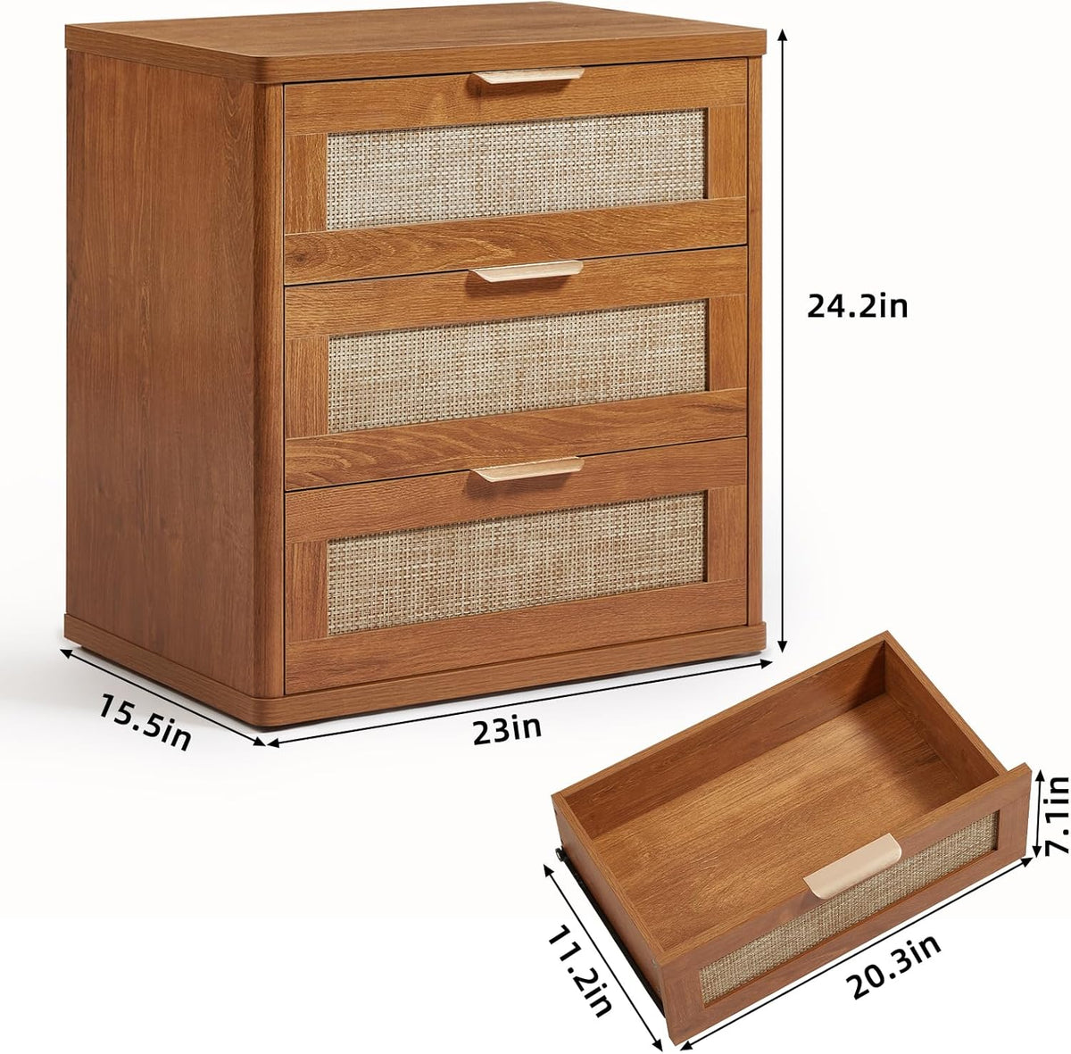 LEYAOYAO Rattan Night Stand Set of 2 with Drawers, 23" Large 3 Drawer Boho Nightstand, Natural Wood