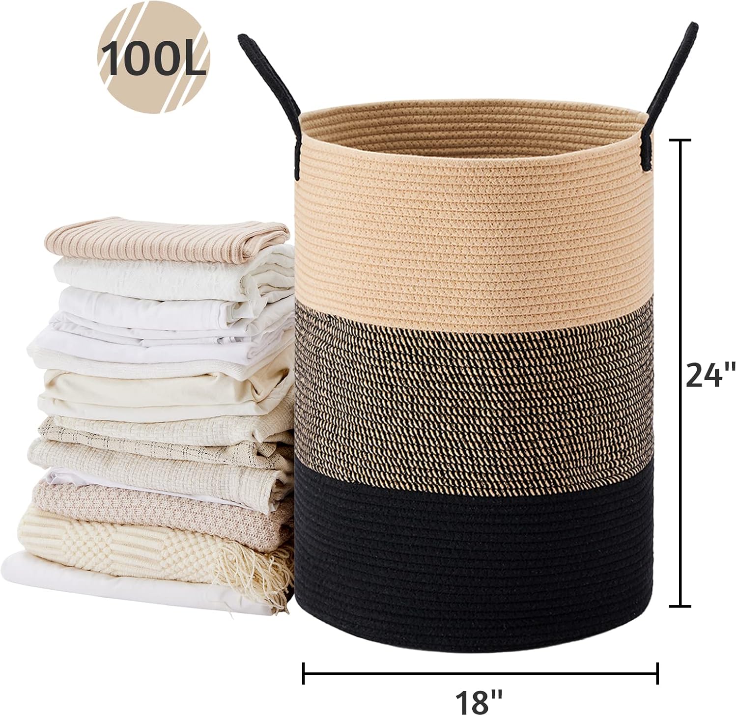VIPOSCO Large Laundry Hamper, Tall Woven Rope Storage Basket for Blanket, Toys, Dirty Clothes in