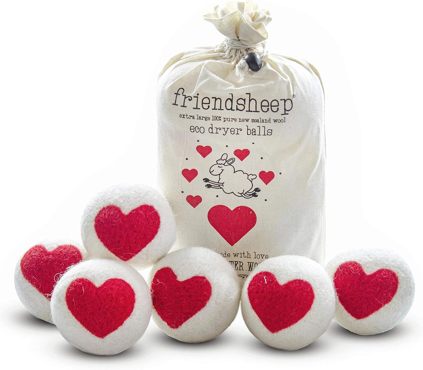 Friendsheep Wool Dryer Balls Red Heart 6 Pack XL Organic Premium Reusable Cruelty Free Handmade