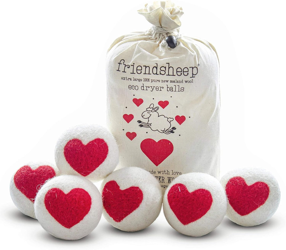 Friendsheep Wool Dryer Balls Red Heart 6 Pack XL Organic Premium Reusable Cruelty Free Handmade