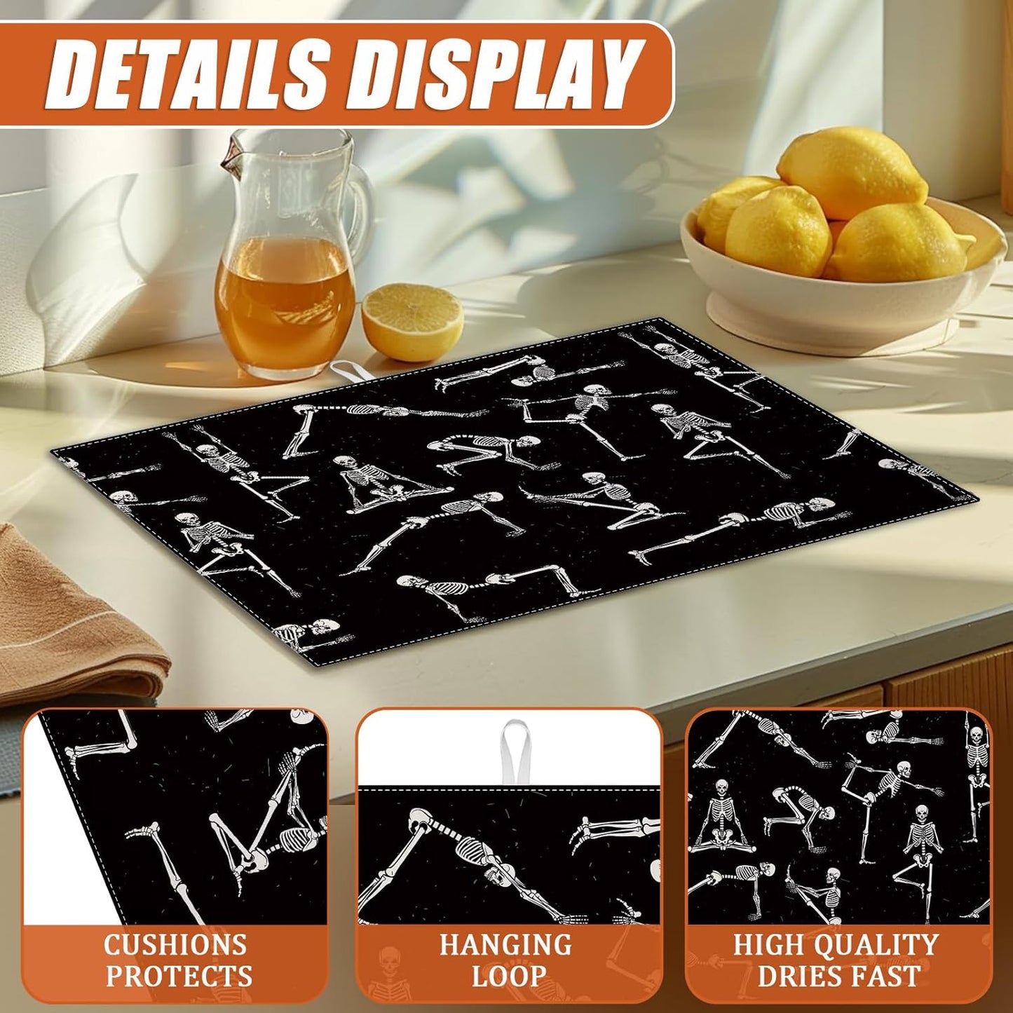 Funny Skull Yoga Dish Drying Mat for Kitchen Counter Microfiber Absorbent Dish Kitchen Drying Mat