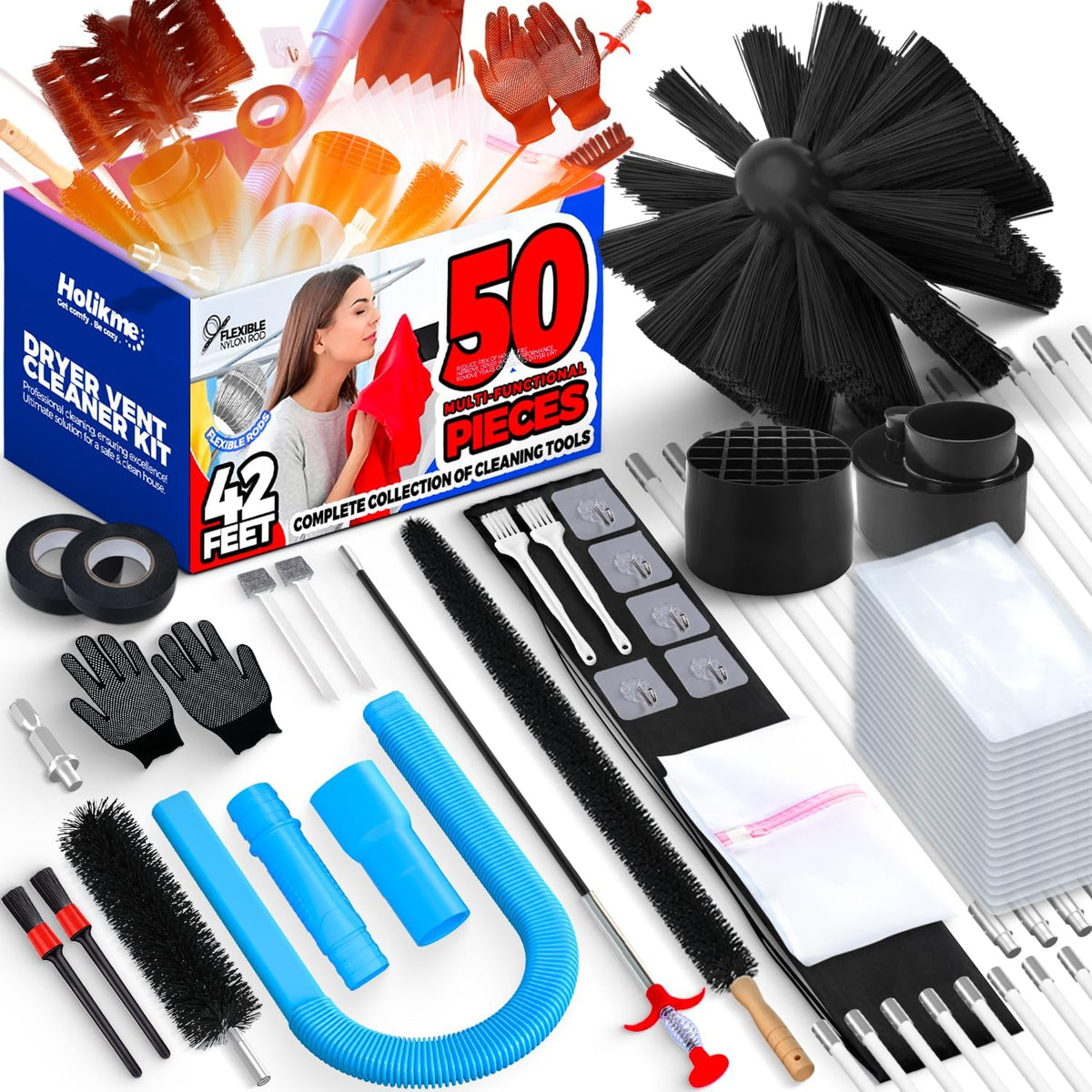 Holikme Dryer Vent Cleaner Kit Dryer Cleaning Tool Include Dryer Vent Brush, Omnidirectional Blue