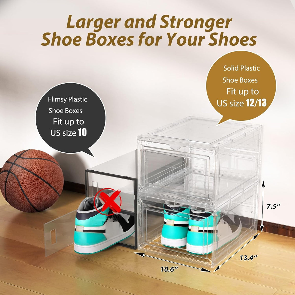 Mitees 10 Pack XX Large Thicken Sturdy Hard Plastic Clear Stackable Shoe Storage Boxes for Size 12
