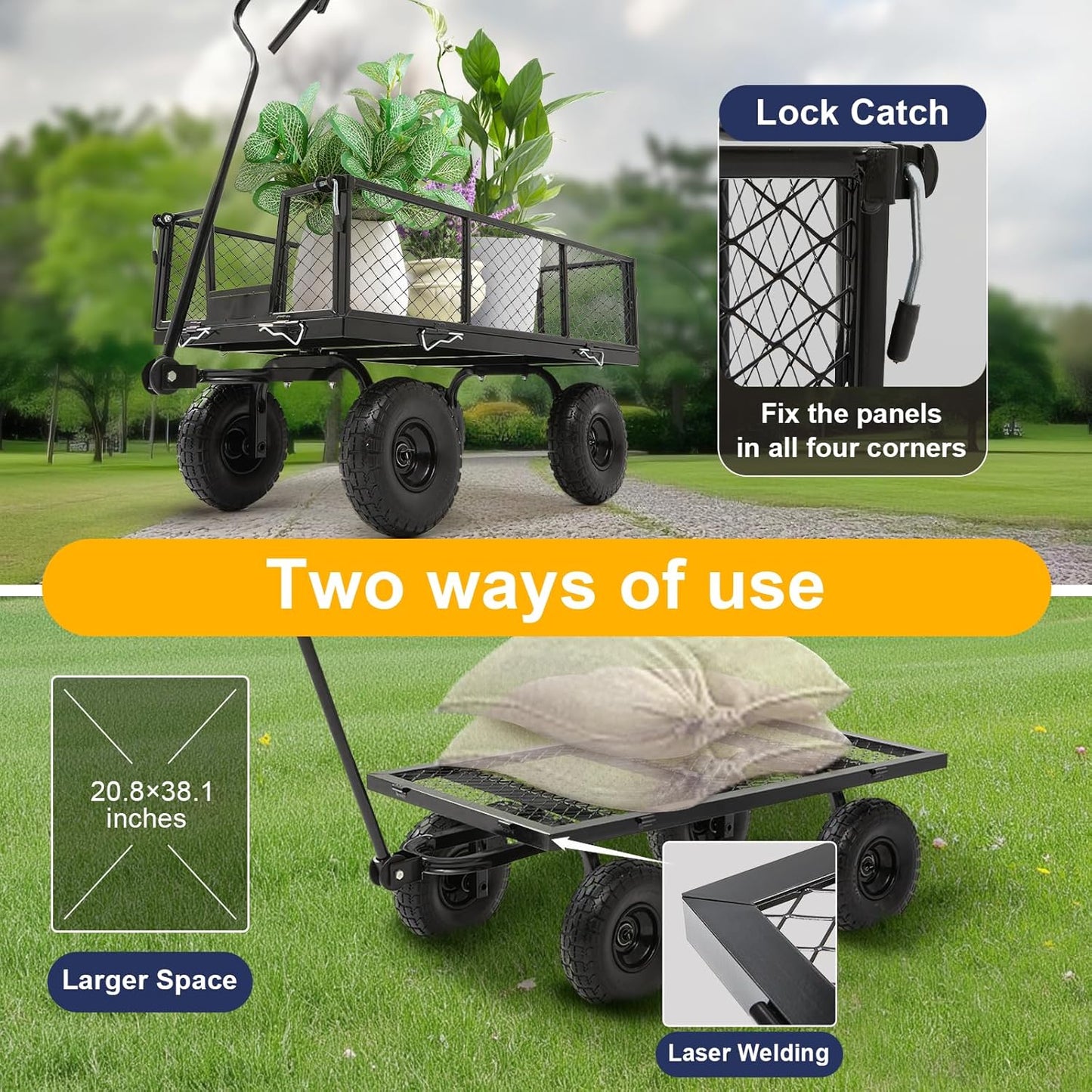 Garden Wagon Cart Heavy Duty 880 LBS Steel Utility Cart with All-Terrains 3.50-4" Solid Wheels 10"