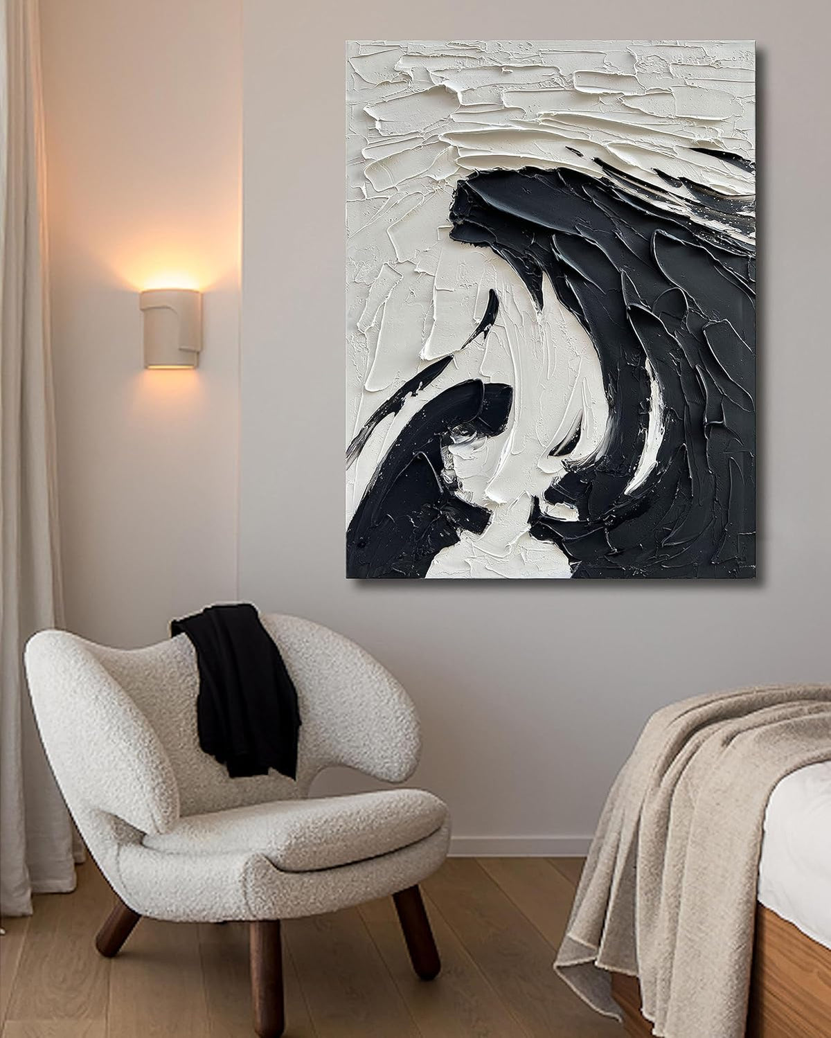 NANKAI 40x28 inch Minimalist Black and White Abstract Painting 100% Hand-Painted Modern Wall Deco