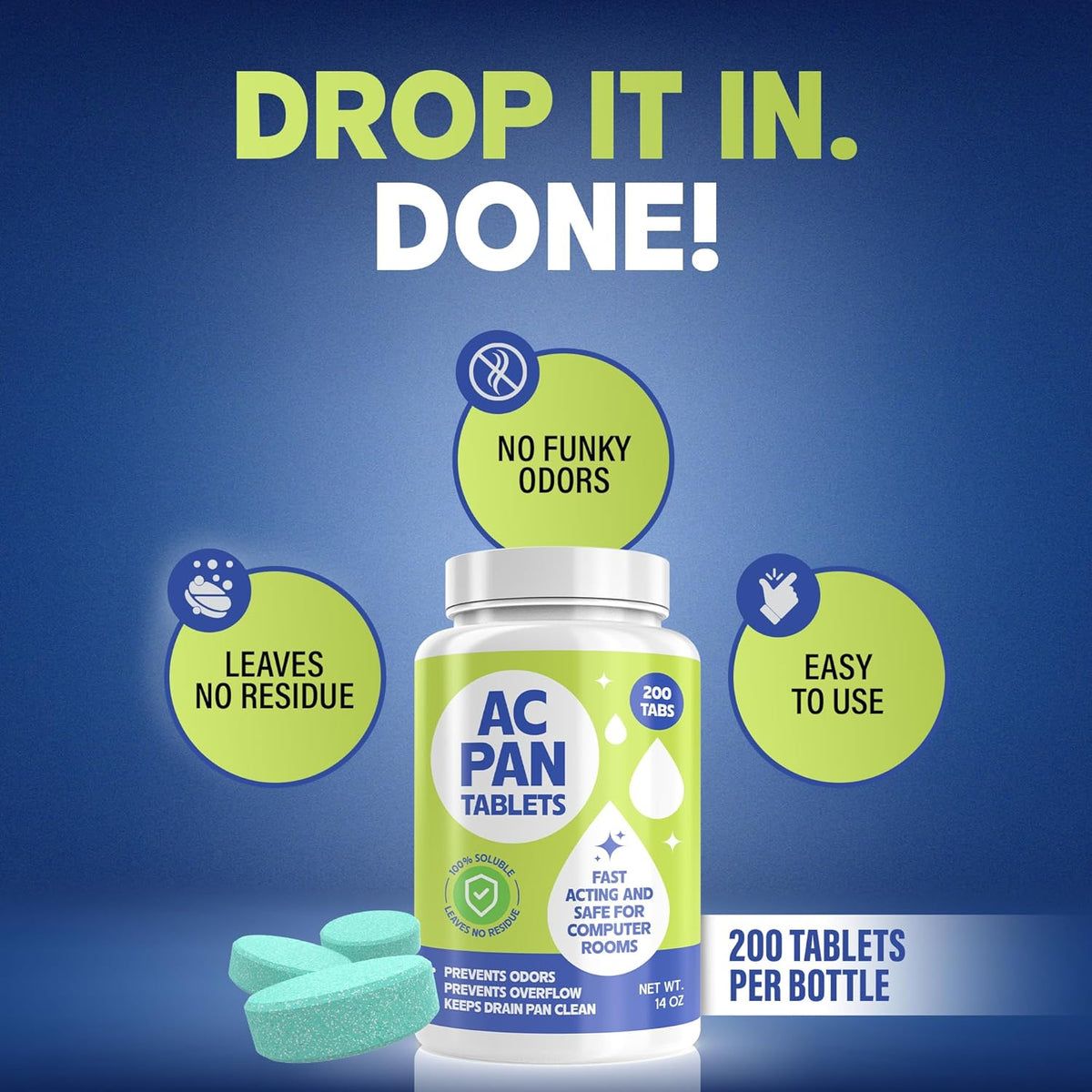 200 Tablets AC Drain Line Cleaner- No-Residue, Water-Soluble, Fast-Acting Pan Treatment for HVAC