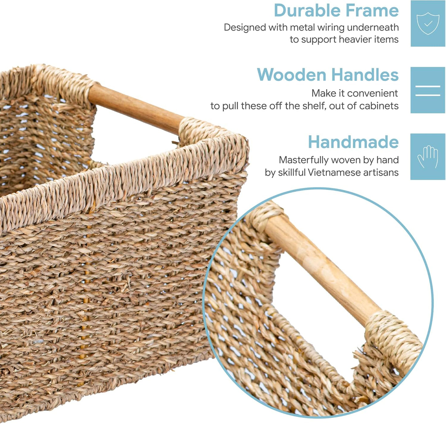 Natural Seagrass Basket with Wooden Handle, Medium Rectuangular Wicker Basket for Living Room 12.2