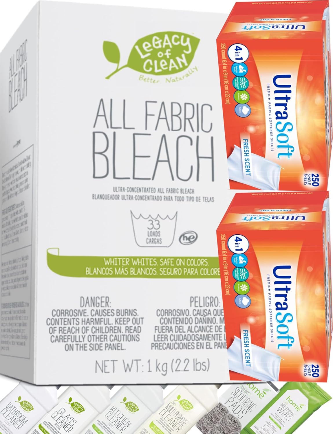 All Fabric Bleach Powder Chlorine-Free 35.2 Oz & 4-in-1 Fabric Softener Dryer Sheets 6.4"x9" 500