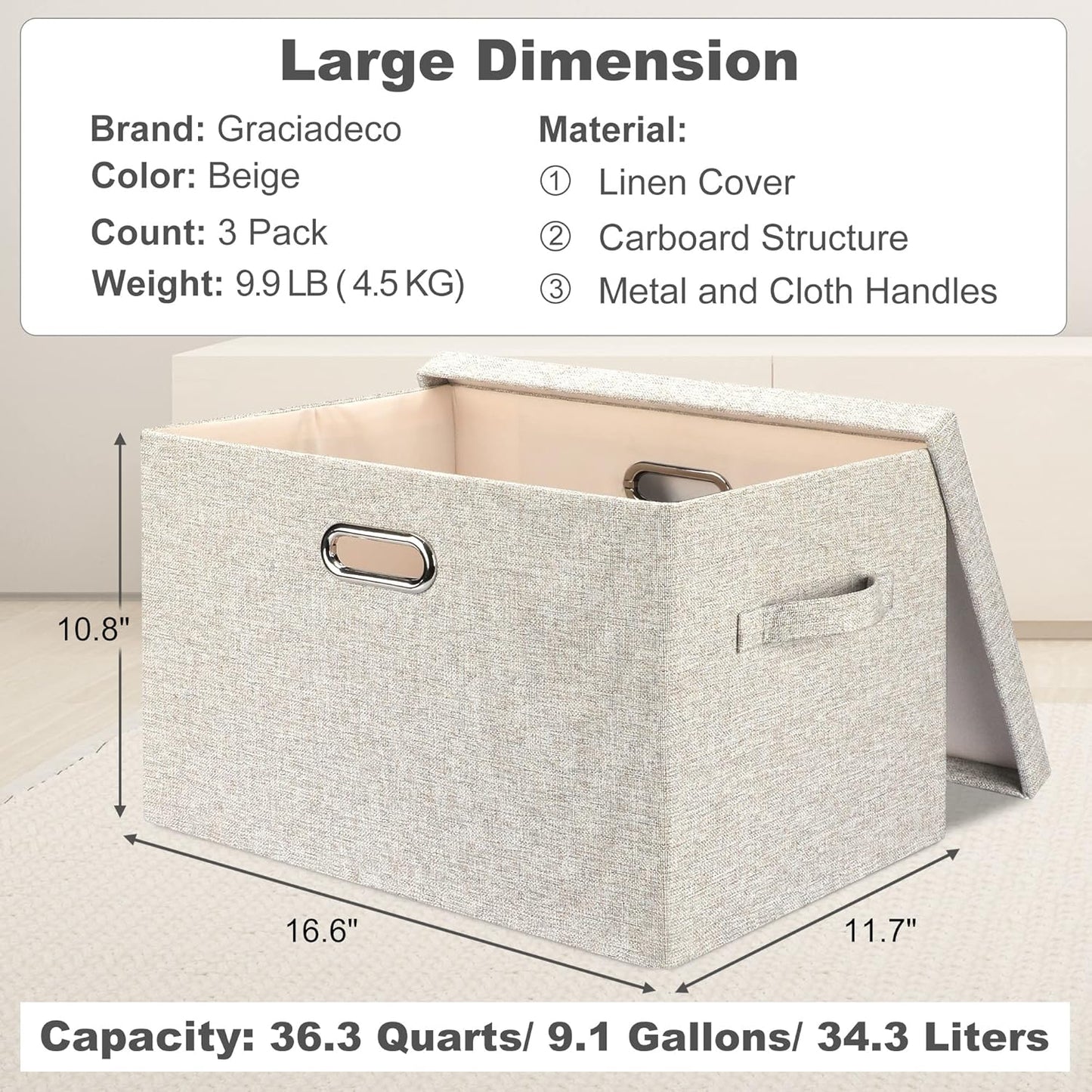 Large Quart Collapsible Stackable Storage Bins with Lids, 3 Packs Beige Linen Fabric Closet Boxes