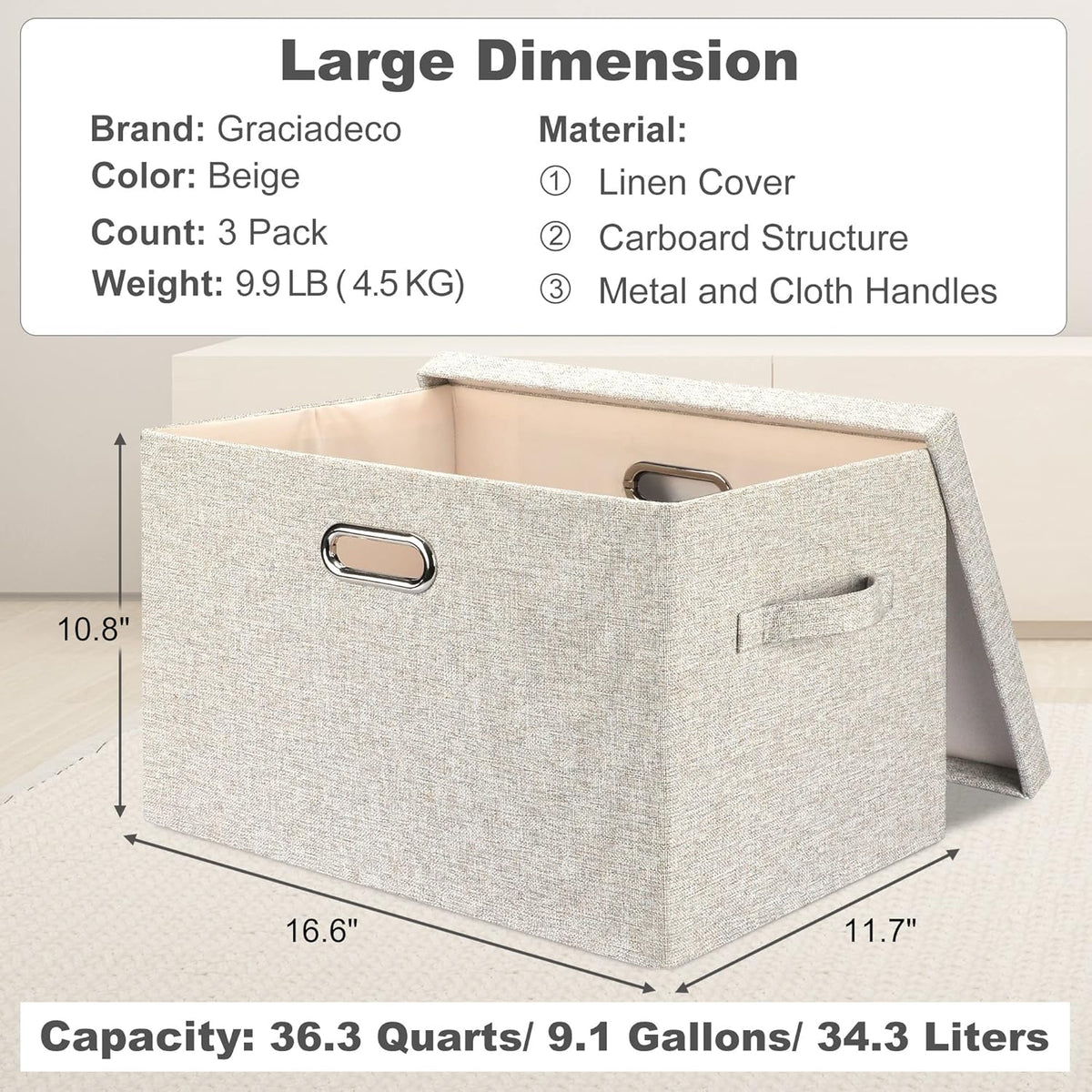 Large Quart Collapsible Stackable Storage Bins with Lids, 3 Packs Beige Linen Fabric Closet Boxes