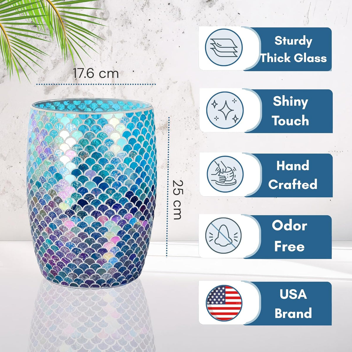 Escenzy Mermaid Bathroom Trash Can Mosaic Glass 5L | Decorative Small Garbage Can | 7" x 10" |