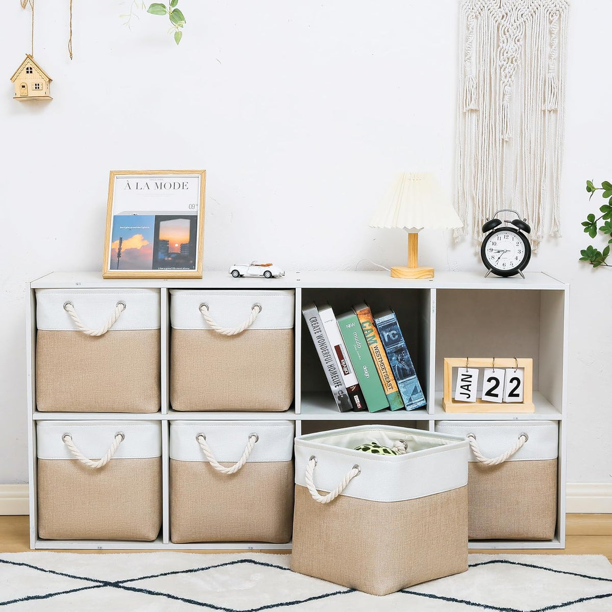 11 x 11 Inch Storage Cubes, 6 Pack Large Collapsible Fabric Storage Bin with Ropes, Foldable